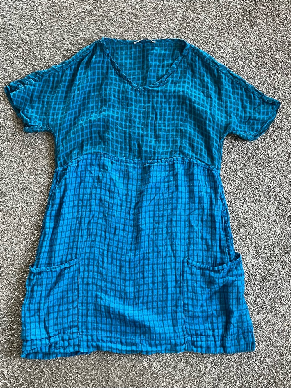 FLAX Blue Teal Checkered Colorblock Linen Short Sleeve Dress Pockets Lagenlook